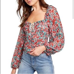 Free People Mabel Printed Top Rose Combo Red Size Small